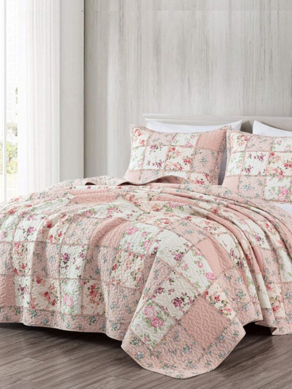 Abbi 2-Piece Pink Shabby Chic Bedding Twin Quilt Set Pre-Washed Cotton Floral
